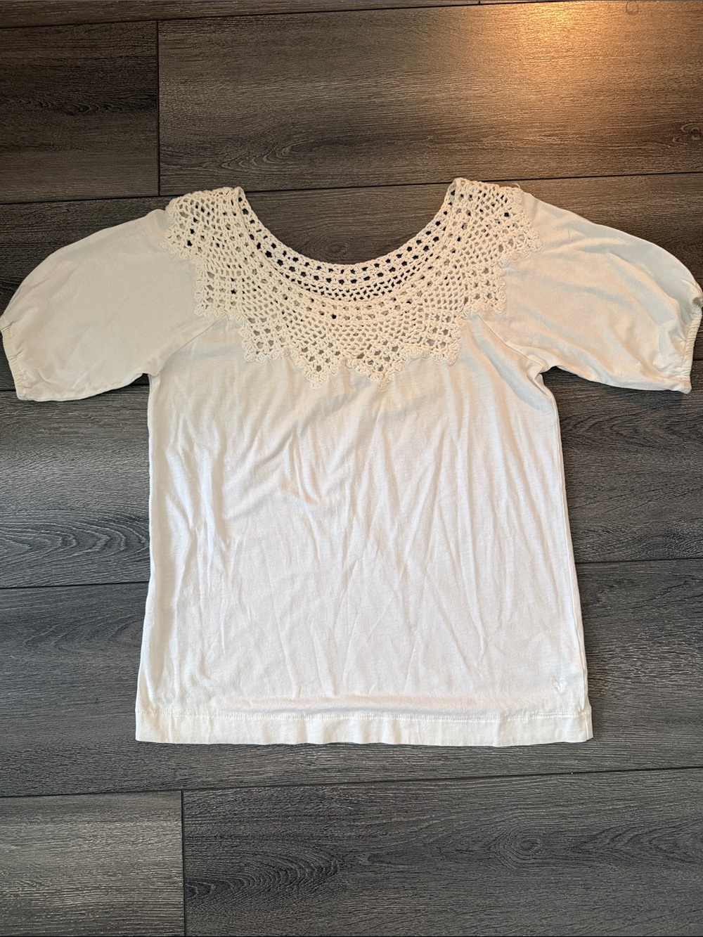 American Eagle Outfitters Cream Crochet-Yoke Short Sleeve Top